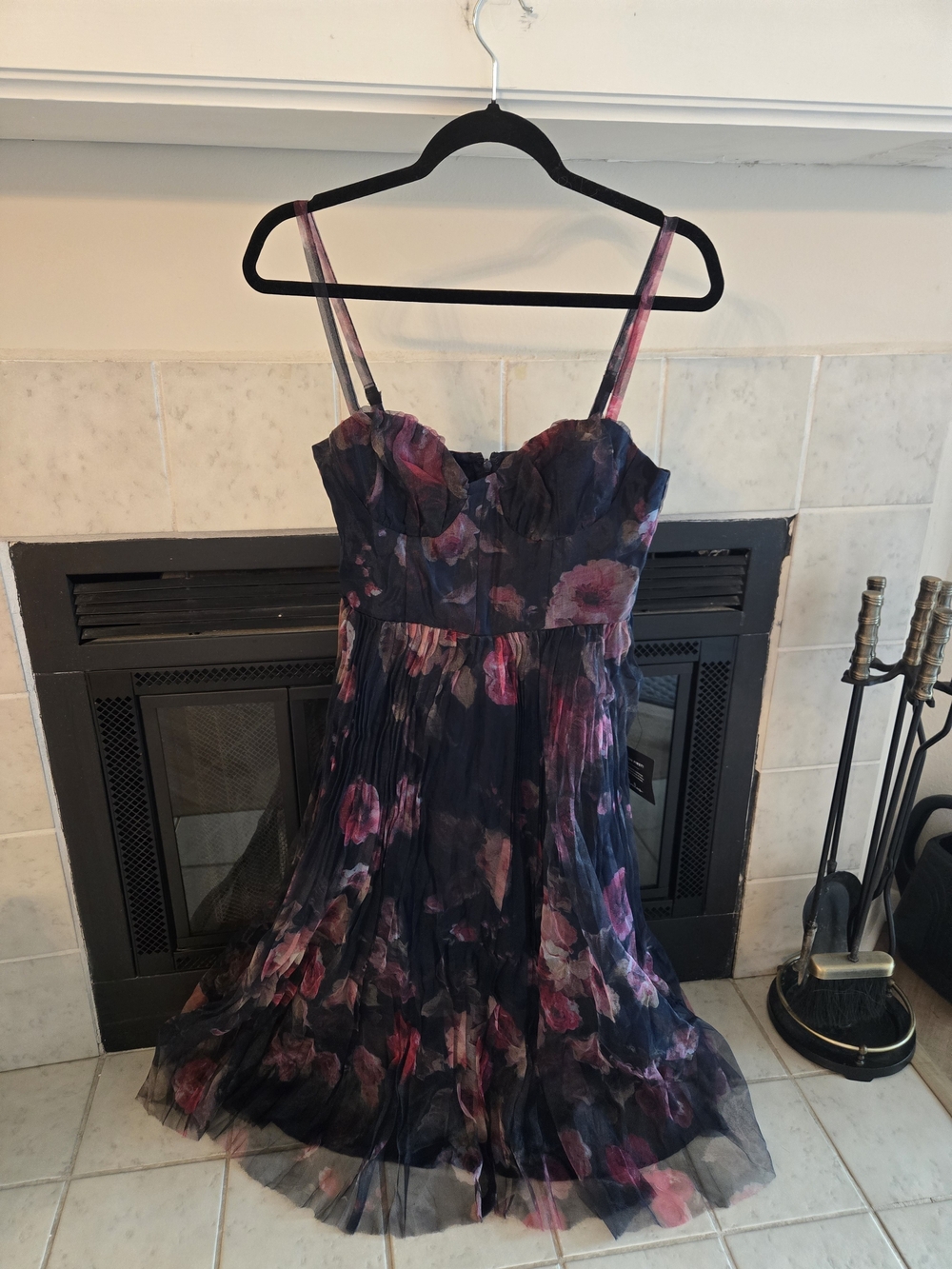 Lulu's Navy Midi Dress with Pink Floral Print and Spaghetti Straps